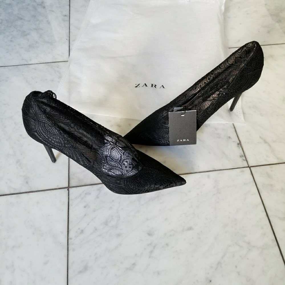 Zara New High Heel Lace Court Shoes - Picture 7 of 8